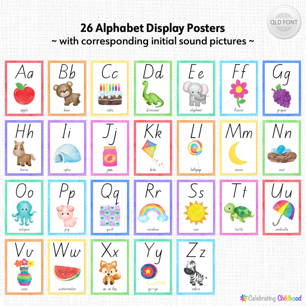Watercolour Alphabet Posters in QLD Beginners Font - Celebrating Childhood